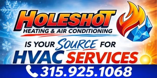 White Holeshot Heating & Air Conditioning van parked outdoors on a sunny day