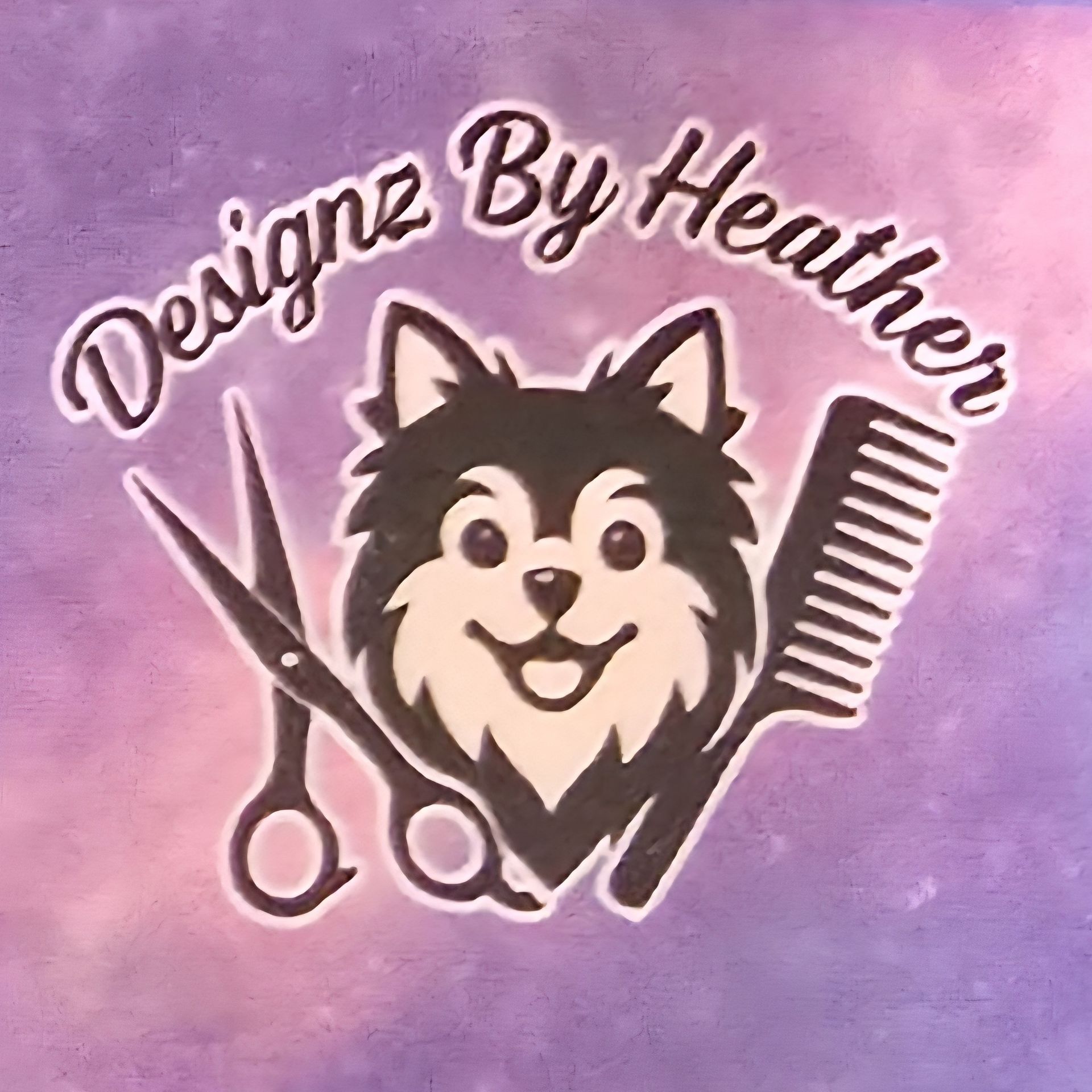 “Design By Heather” text above a husky face with scissors and comb on a pink-purple background