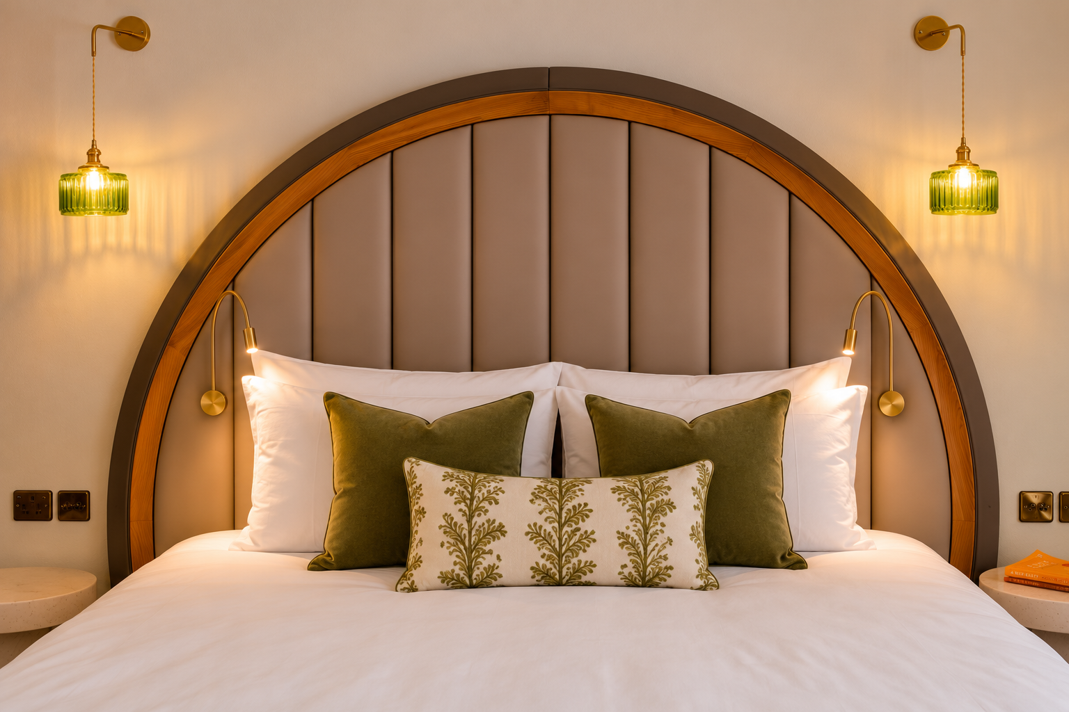 Cozy bedroom with arched headboard, white bedding, green pillows, and warm bedside lights