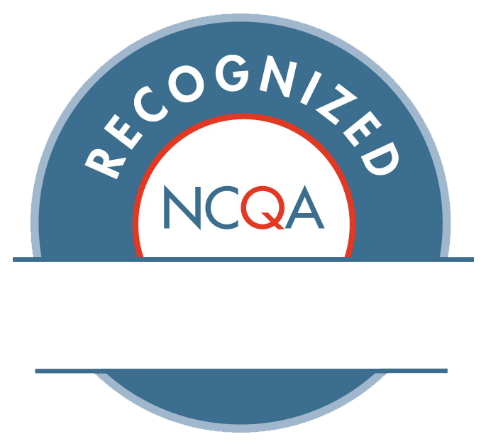 NCQA recognized seal in blue, white, and orange with a blank banner beneath