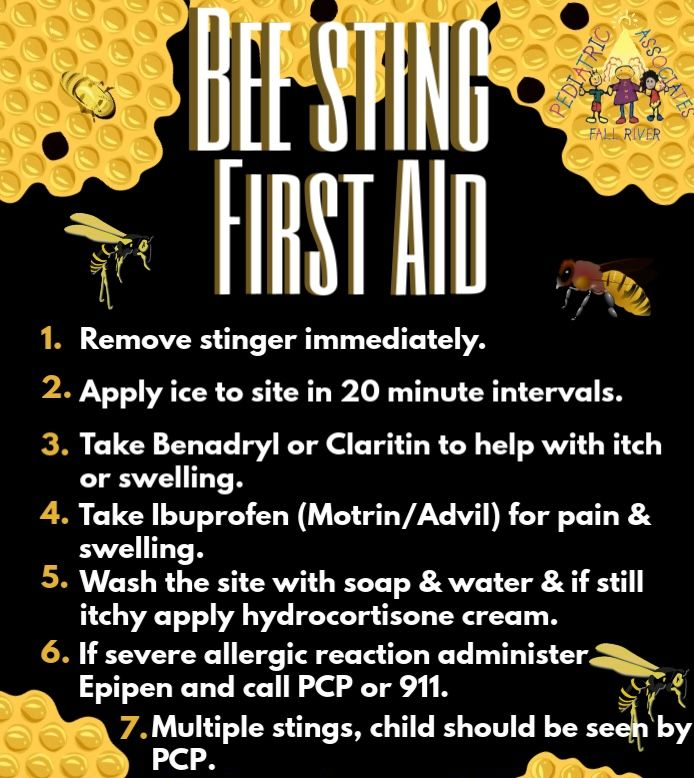 Bee sting first aid infographic with yellow honeycomb background and treatment steps.