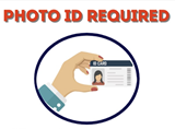“PHOTO ID REQUIRED” notice with a hand holding an ID card inside a blue circle