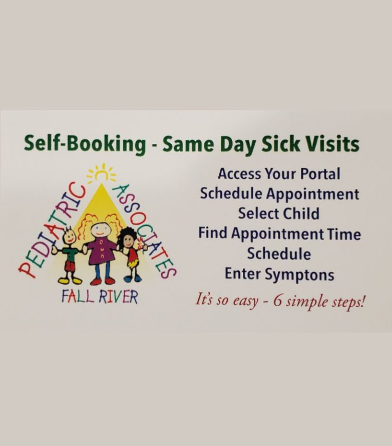 Pediatric Associates Fall River self-booking ad with logo and steps to schedule same-day sick visits online