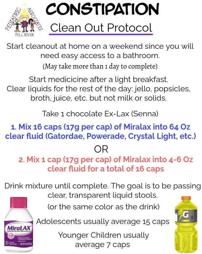 Constipation clean-out protocol with Miralax mixing instructions and dosage chart.