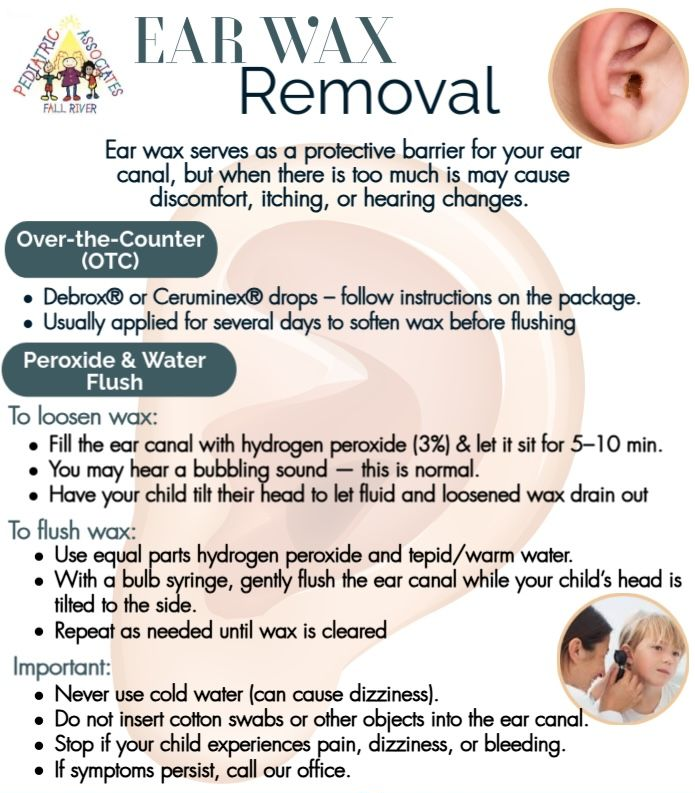 Ear wax removal instructions with over-the-counter products and step-by-step washing directions.