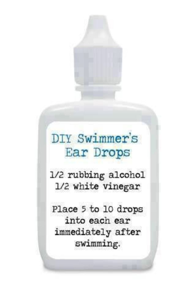 DIY swimmer’s ear drops bottle label with rubbing alcohol and white vinegar instructions