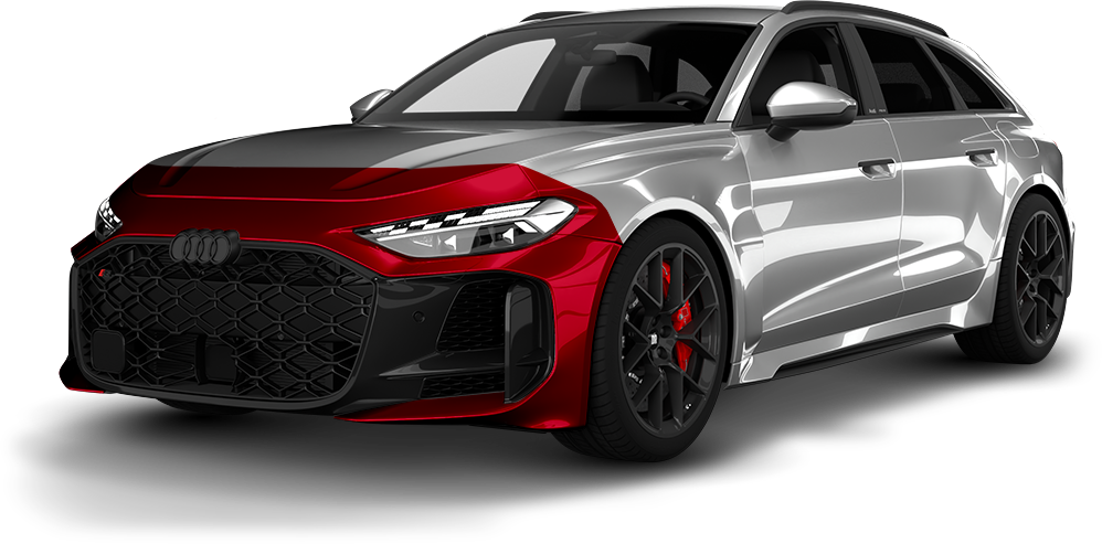 Red and black sports sedan with a wide front grille, shown in a three-quarter front view on a white background