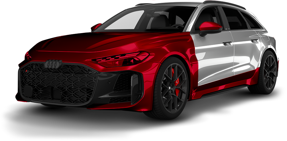 Red-and-silver sports sedan with black wheels, shown in a three-quarter front view.