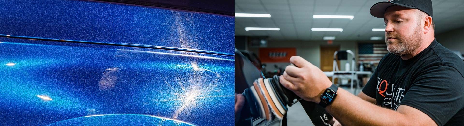 Split-screen: blue car paint under inspection and a man holding a paint color swatch.