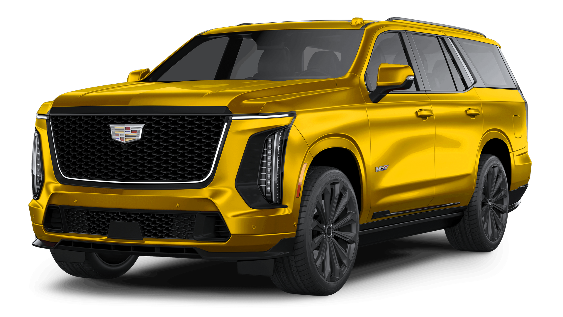Yellow luxury SUV with black grille and tinted windows on a white background