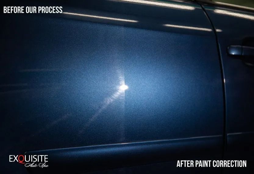 Close-up of dark blue car door showing a swirl mark before and after paint correction.