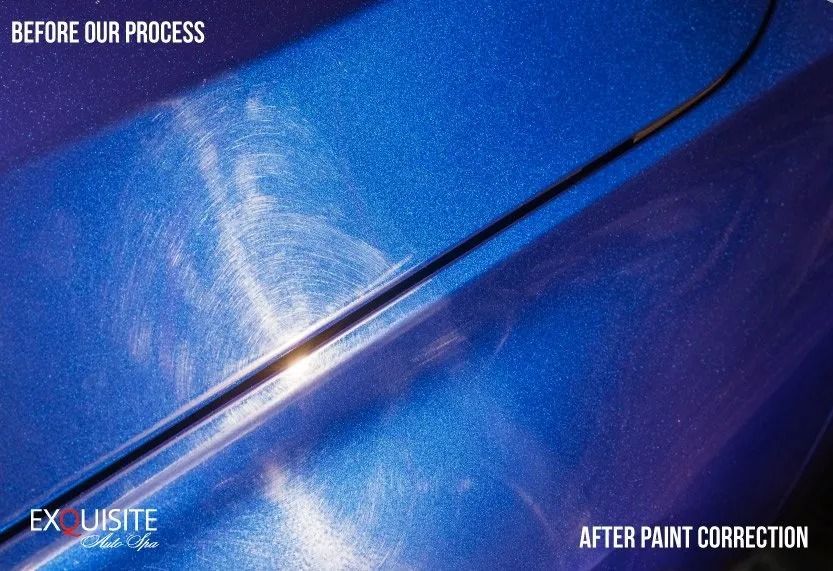Blue car paint before and after correction, showing a scratched surface repaired to a glossy finish