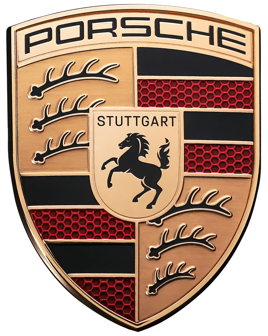 Porsche crest with black horse, gold and red shield, and “Stuttgart” text