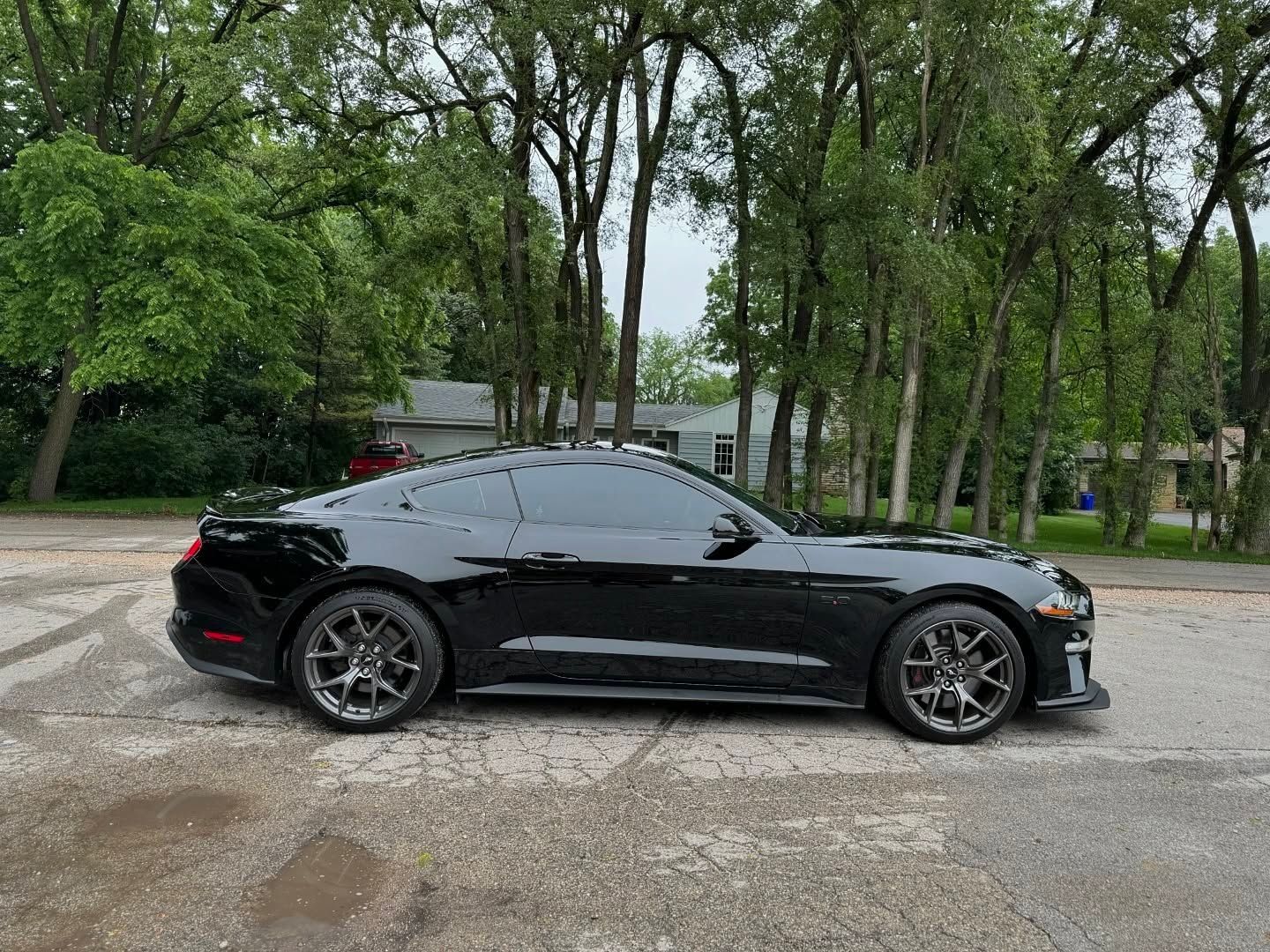 Black sports coupe parked on a wet gravel road beside trees in a park.