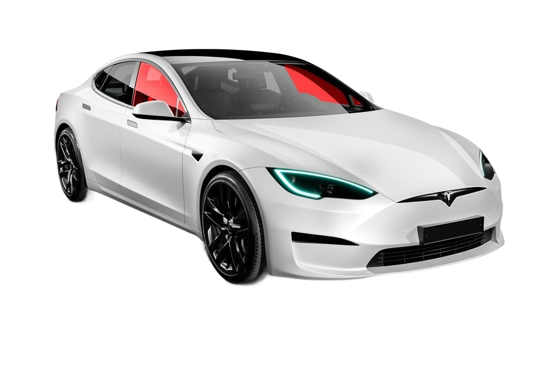 Silver Tesla sports car with red interior and black wheels, shown in a front three-quarter view.