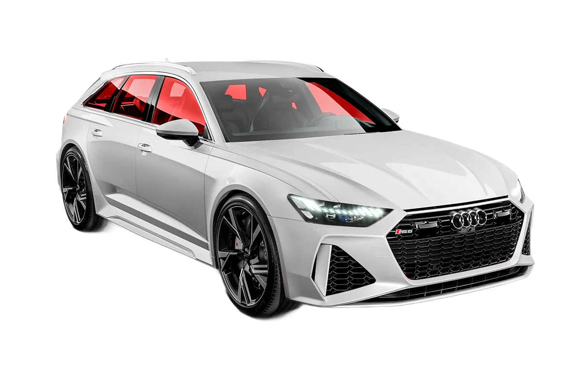 Silver Audi sedan with black wheels, red interior, shown on a white background
