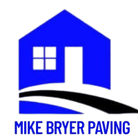 A blue house icon above a black sweeping path, with the text "MIKE BRYER PAVING" below in blue.