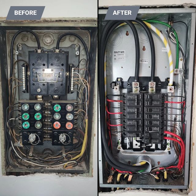 Comparison of electrical panels before and after an upgrade.