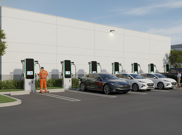EV charging station with several cars parked and charging, building background, person in orange suit.