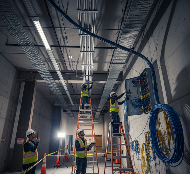 Construction workers installing electrical wiring in a tunnel, using ladders and wearing safety vests.