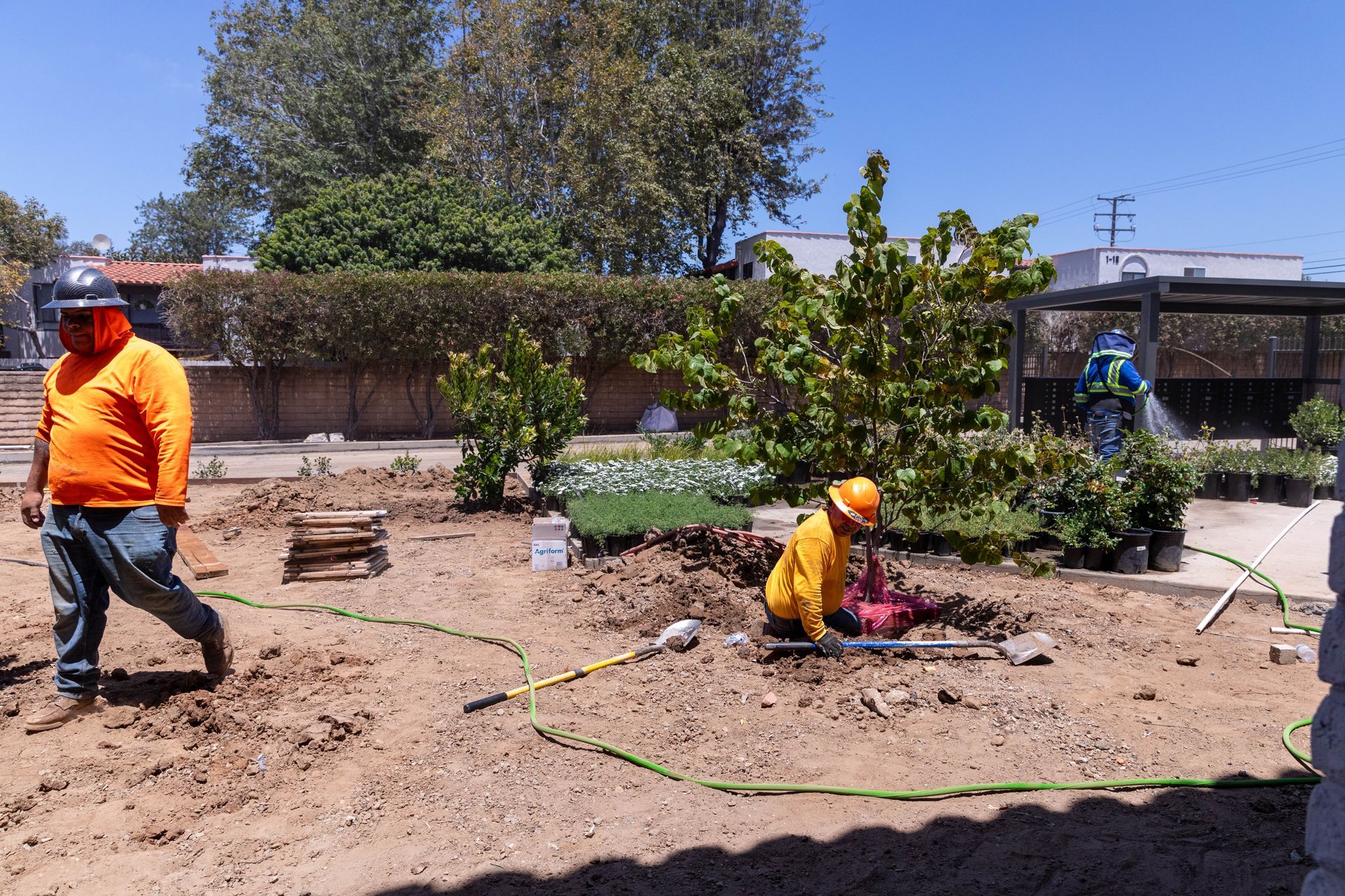 Workers in orange safety gear digging in a sandy construction site with trees and a wall behind them
