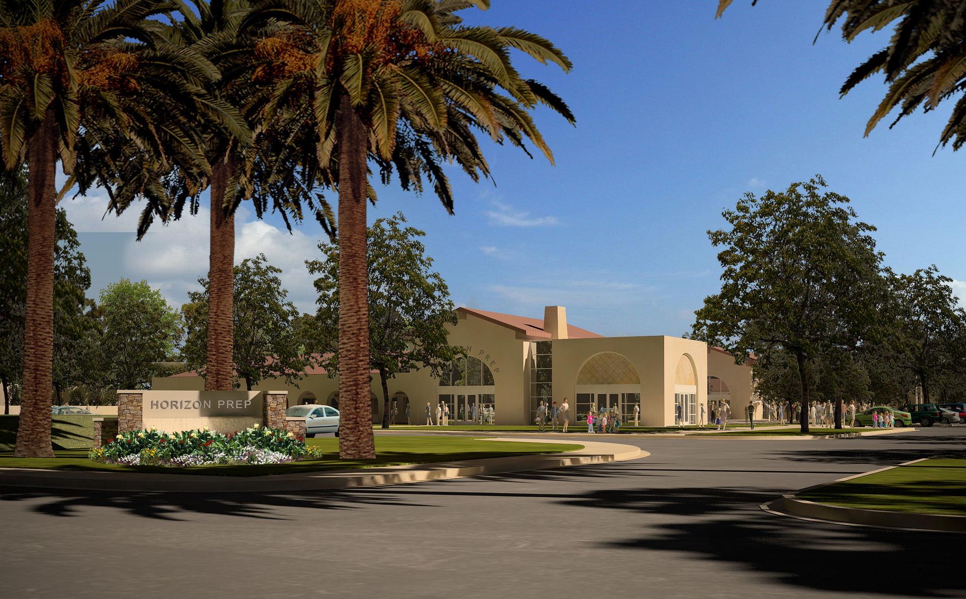 Palm-lined driveway leading to a beige building on a sunny day