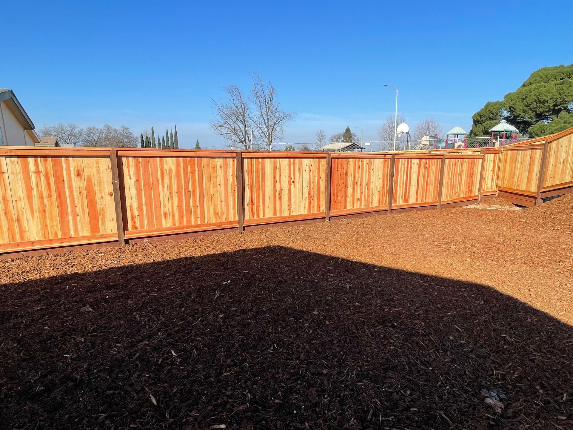Wooden fence and trimmed hedge beside a swimming pool.