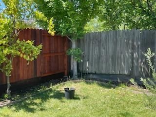 Sunlit backyard with green lawn, red and gray wooden fences, and a black planter pot in the center