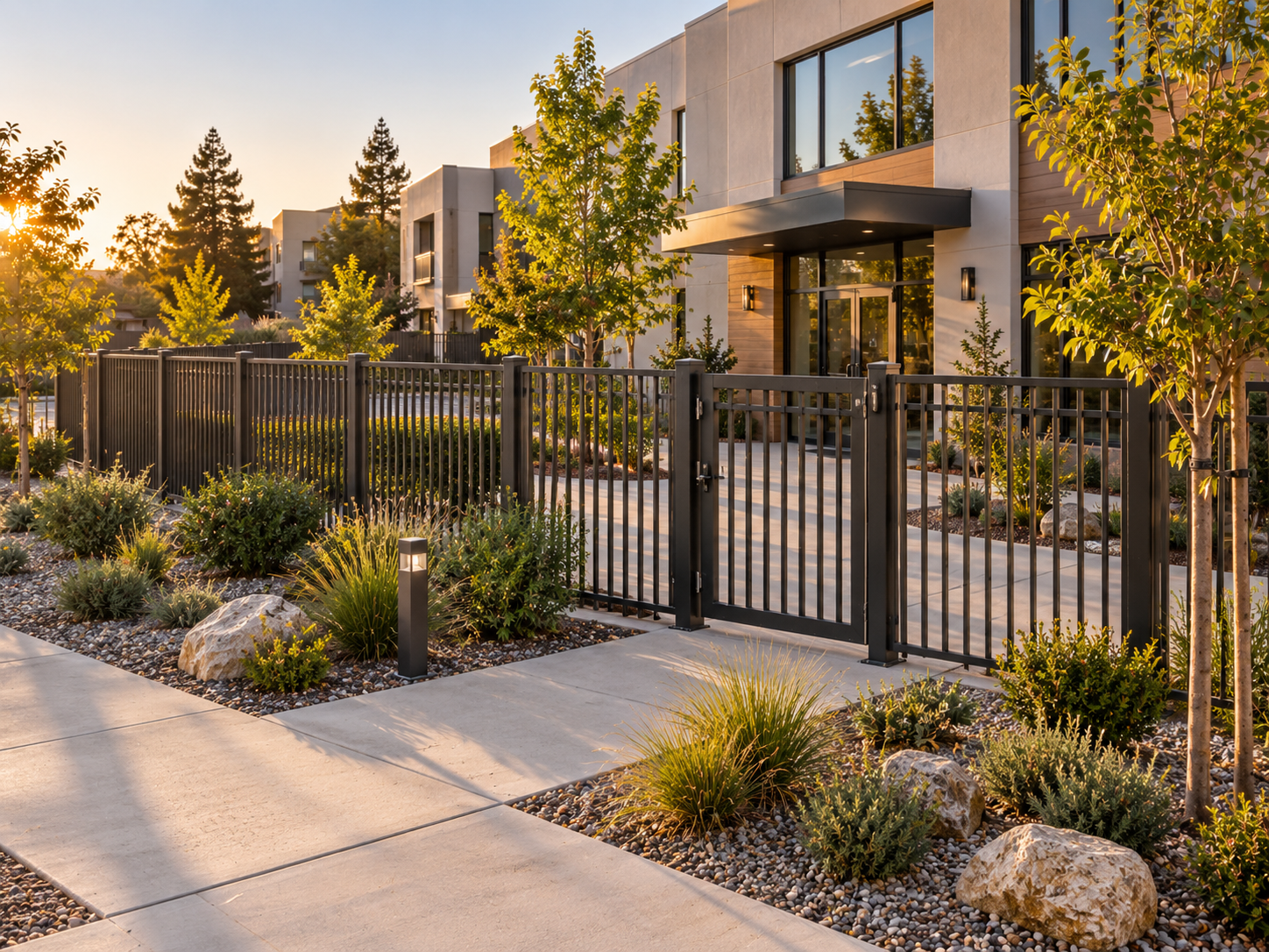 Modern apartment building behind black metal fence with landscaped shrubs at sunset used in zone 0 compliance discussion