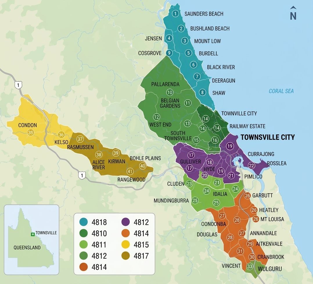 Color-coded Regional Map Around Townsville City With Numbered Zones and a Legend — Green Waste in Thuringowa Central, QLD