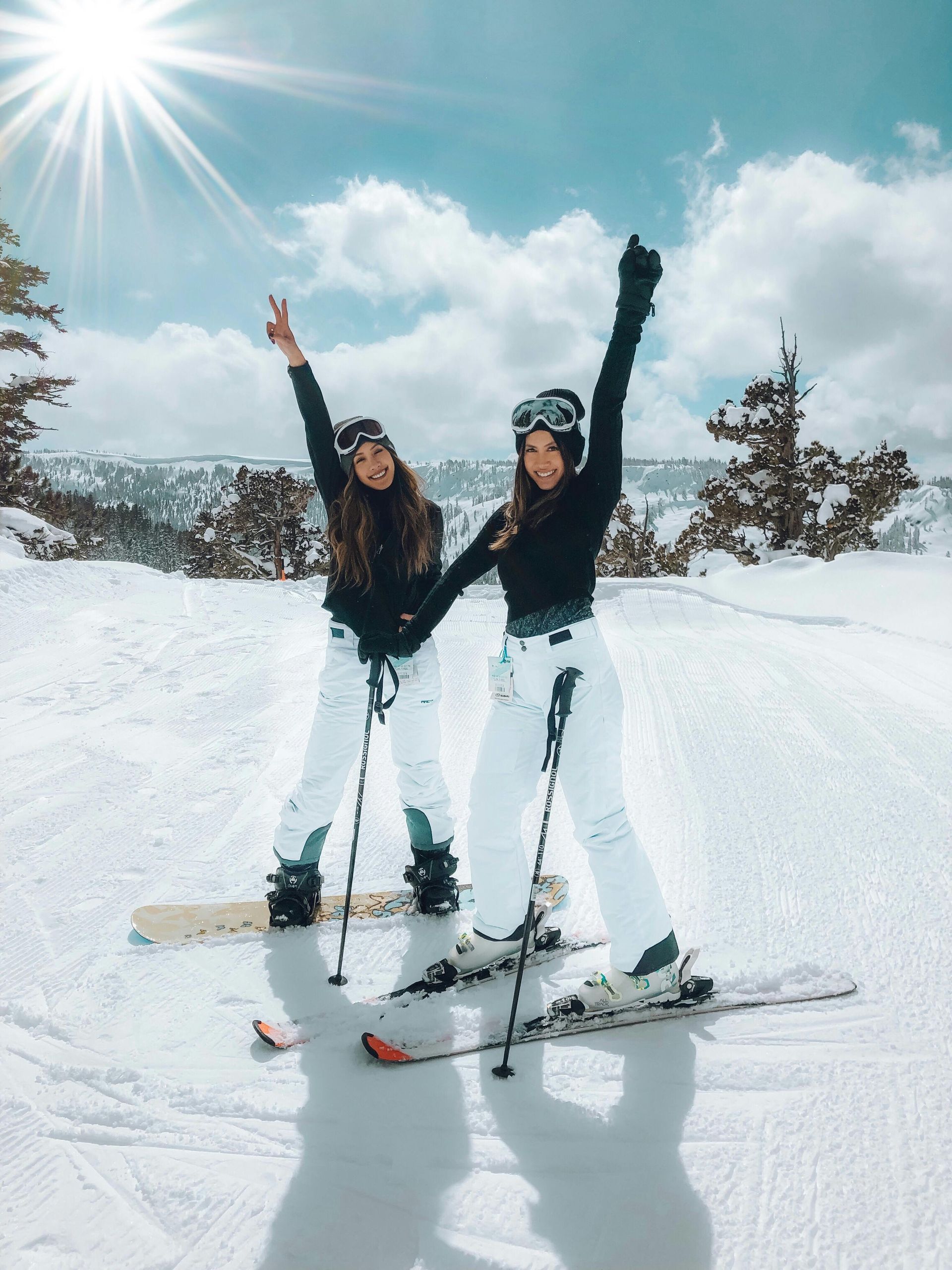 Duas pessoas esquiando e praticando snowboard em uma montanha nevada, com os braços erguidos. Sol brilhante.