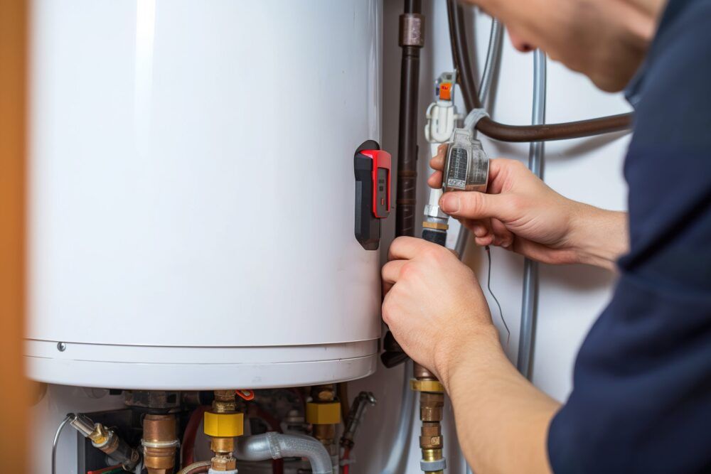 A man is fixing a water heater with a wrench.