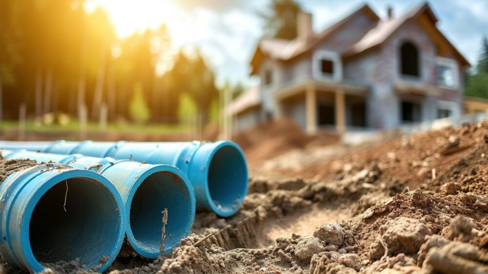A house is being built in the background and a bunch of pipes are in the dirt.