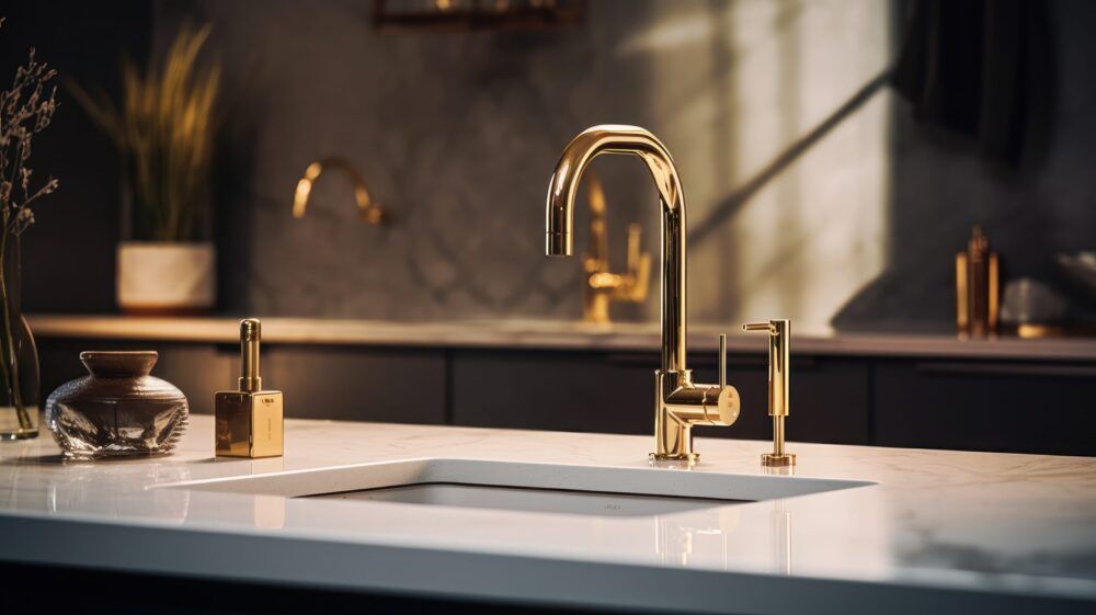 A kitchen sink with a gold faucet and soap dispenser on the counter.