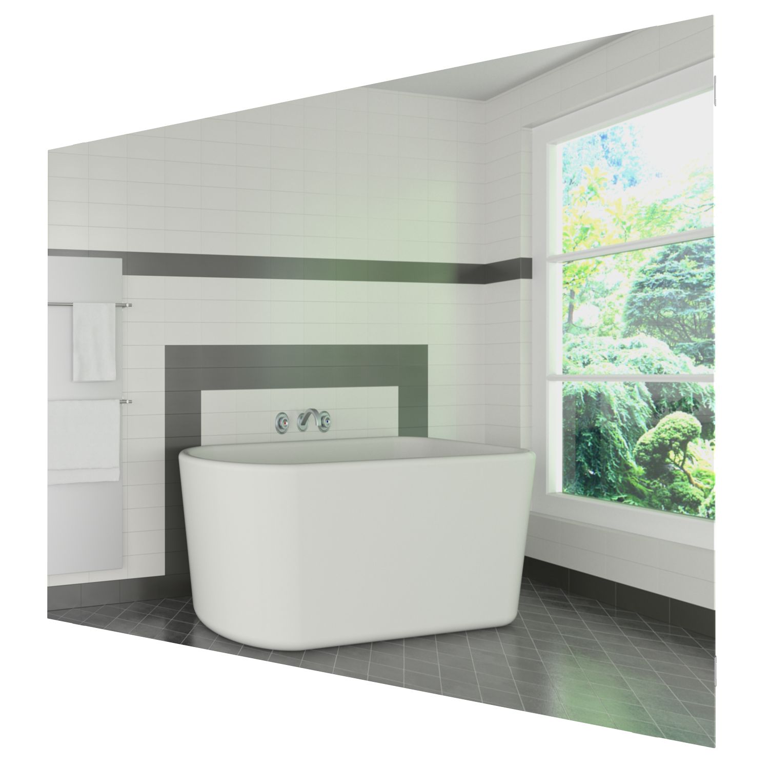 Modernes weißes Badezimmer mit freistehender Badewanne, dunklem Boden und großem Fenster mit Blick ins Grüne