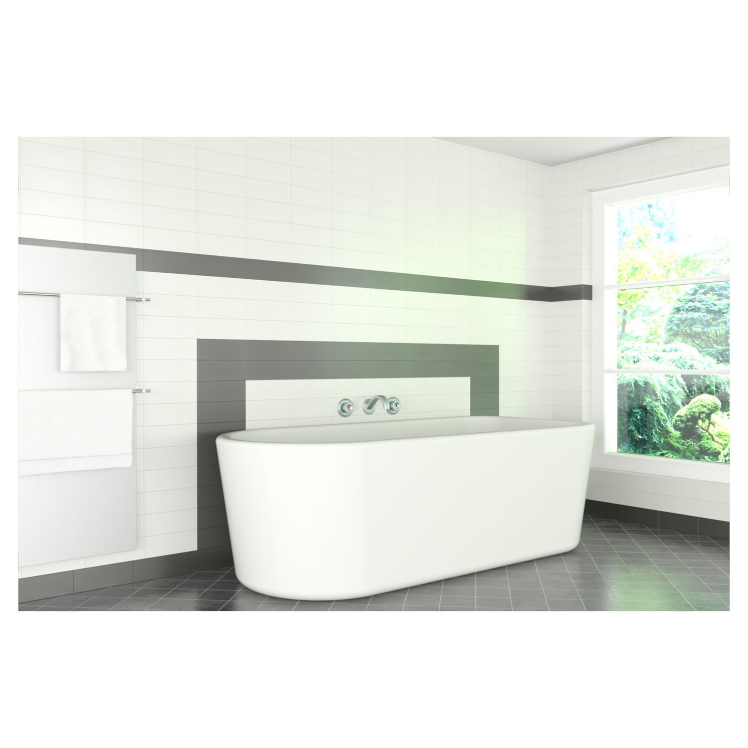 Modernes weißes Badezimmer mit freistehender Badewanne, grauem Fliesenboden und großem Fenster.