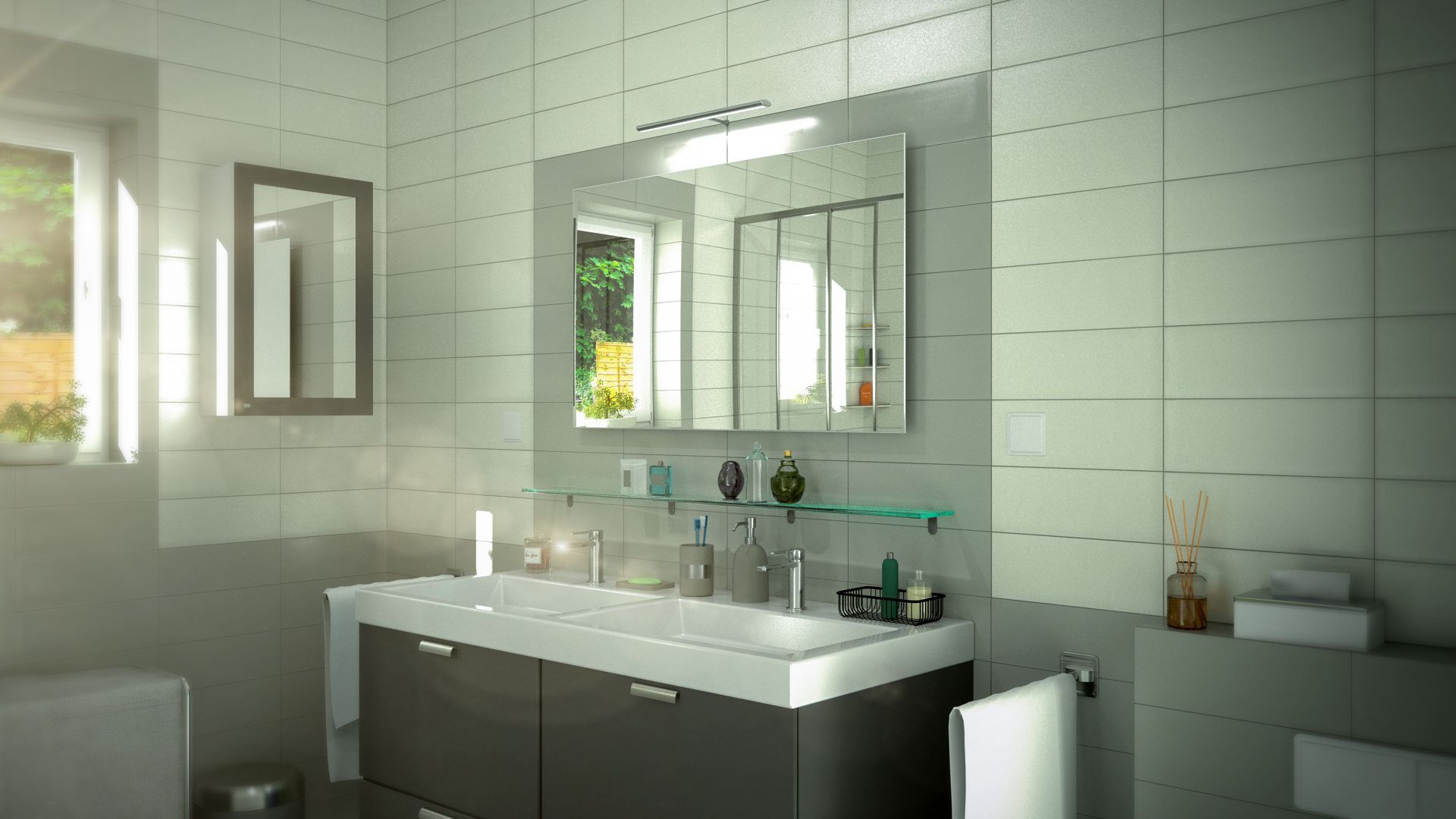 Modernes Badezimmer mit weiß gefliesten Wänden, dunklem Waschtisch, Spiegel, Waschbecken und Fensterlicht
