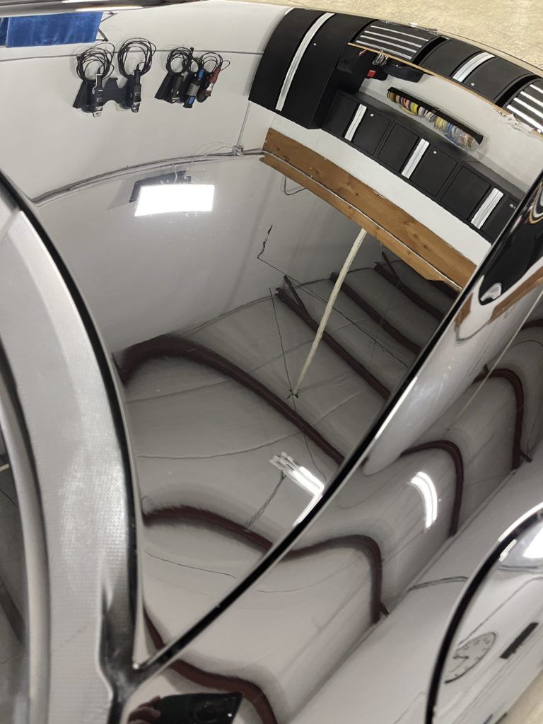 A reflection of a staircase in a mirror