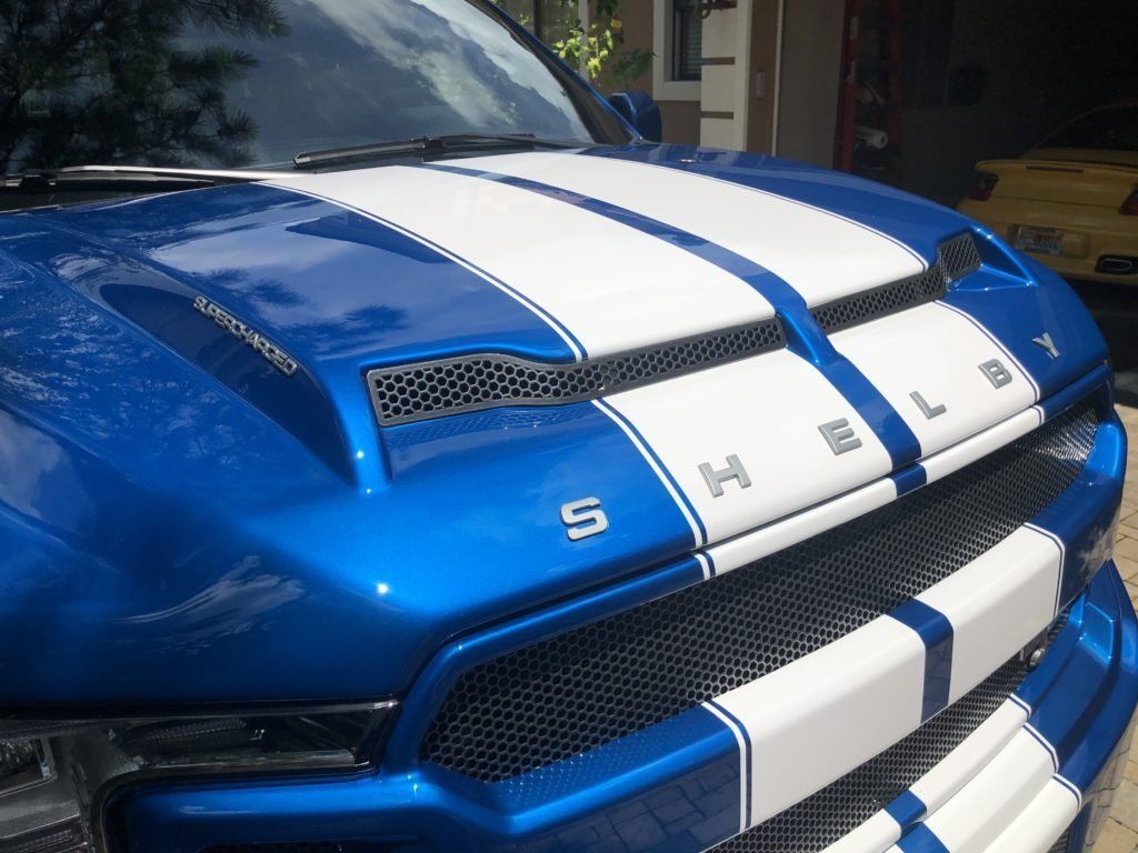 A blue and white shelby mustang is parked in a garage