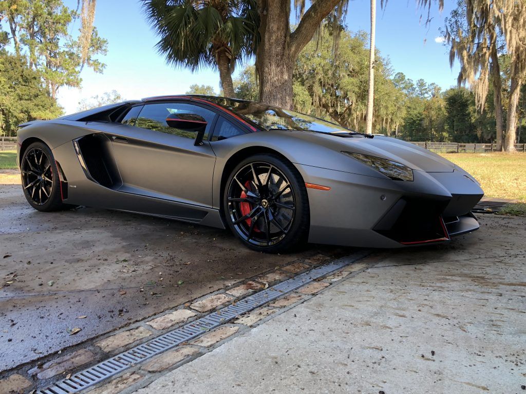 A lamborghini aventador is parked in a driveway next to a tree.
