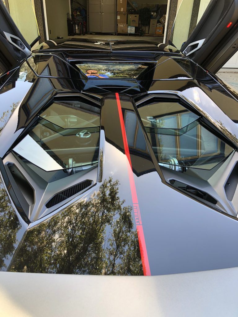 A close up of the hood of a car with its doors open.