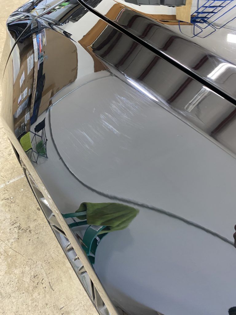 A close up of a car 's hood with a reflection of a plant in it.