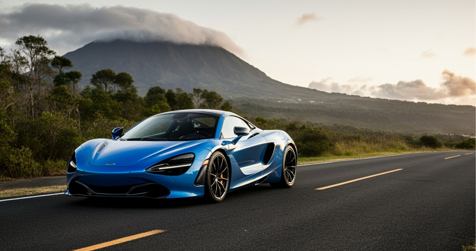 Blue McLaren sports car on a paved road with mountains and greenery in the background.