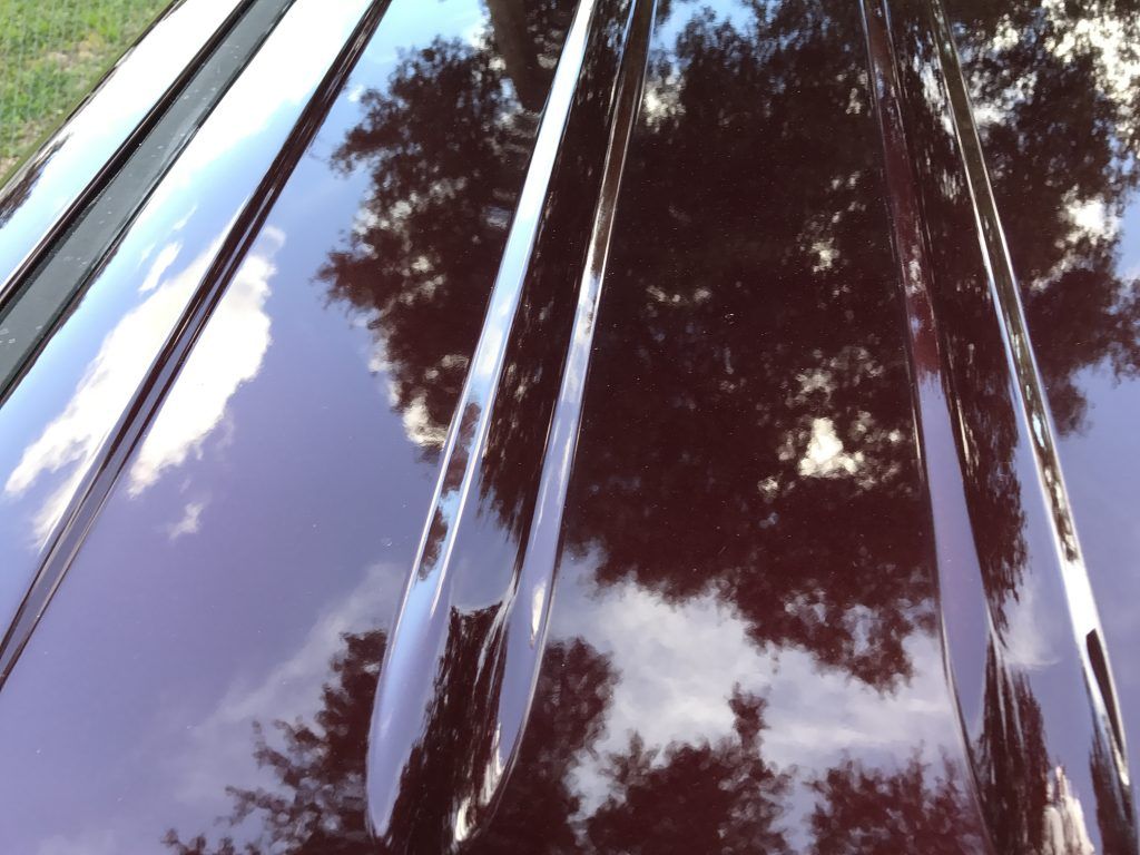 A close up of the hood of a car with trees reflected in it