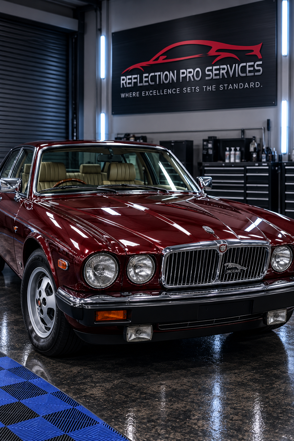 Maroon classic car in a reflection pro services garage with neon sign and wet floor