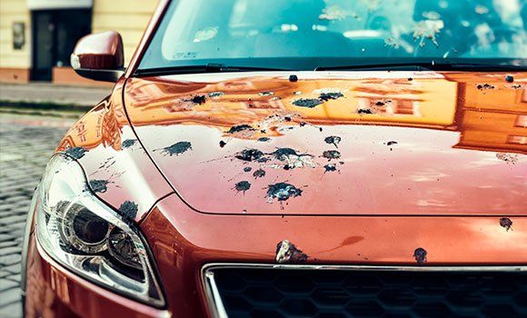 Red car hood covered in numerous bird droppings.