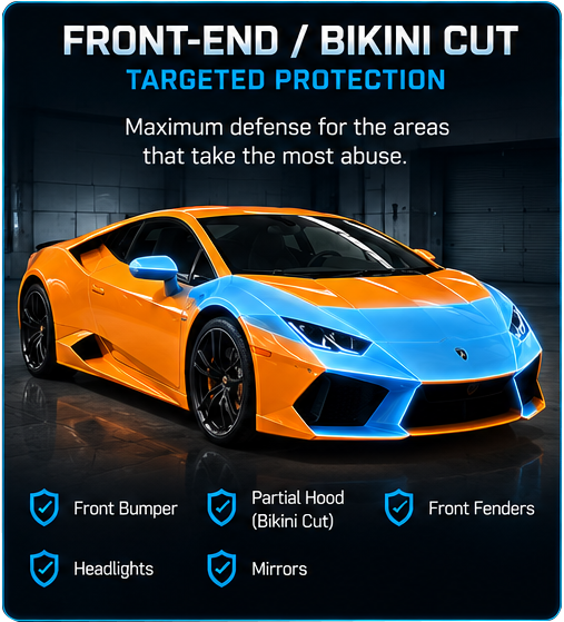 Orange and blue sports car ad highlighting front-end and bikini-cut protection areas