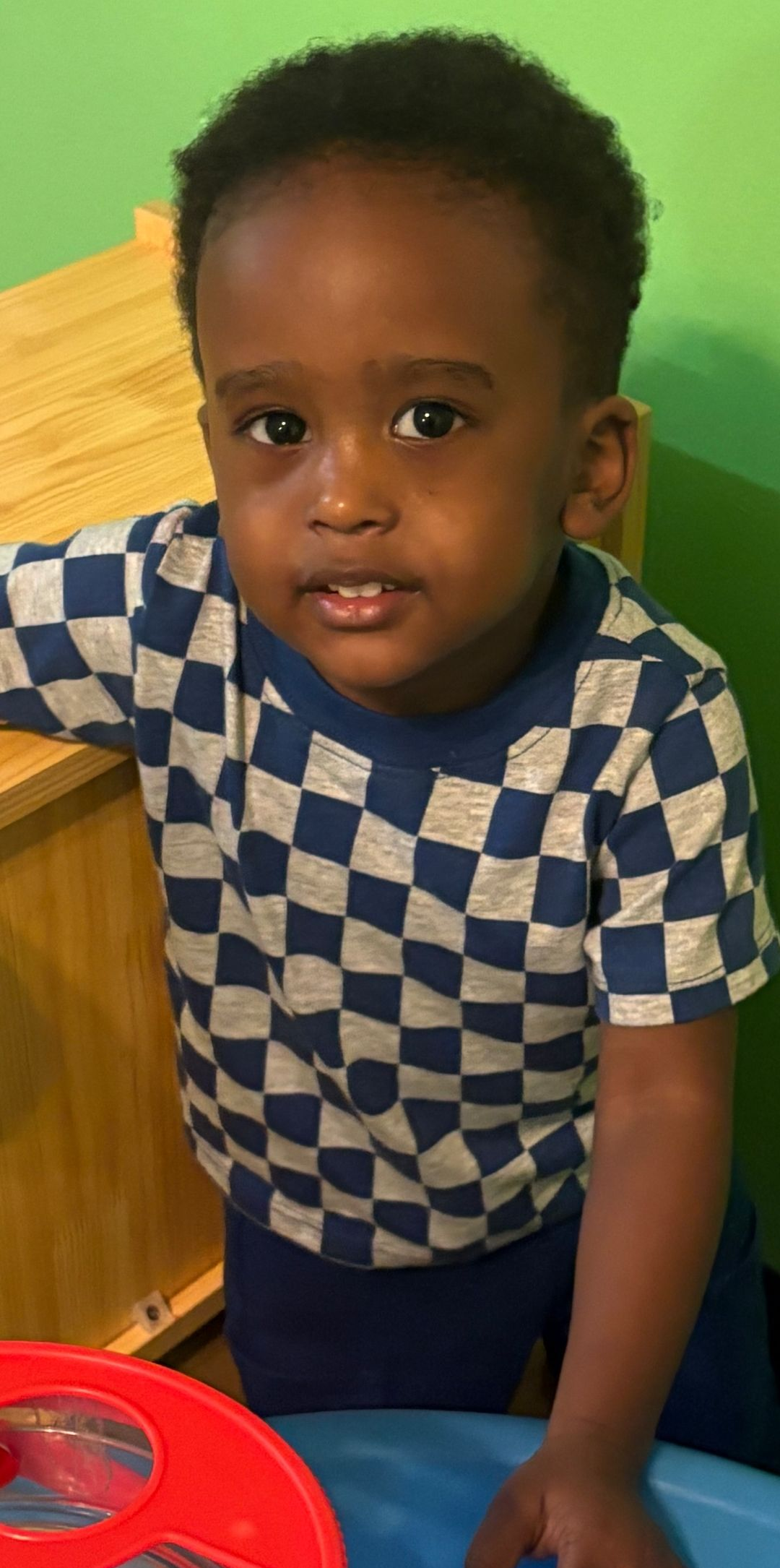 Young child in a checkered shirt smiles while sitting at a table with a red toy. Green background.