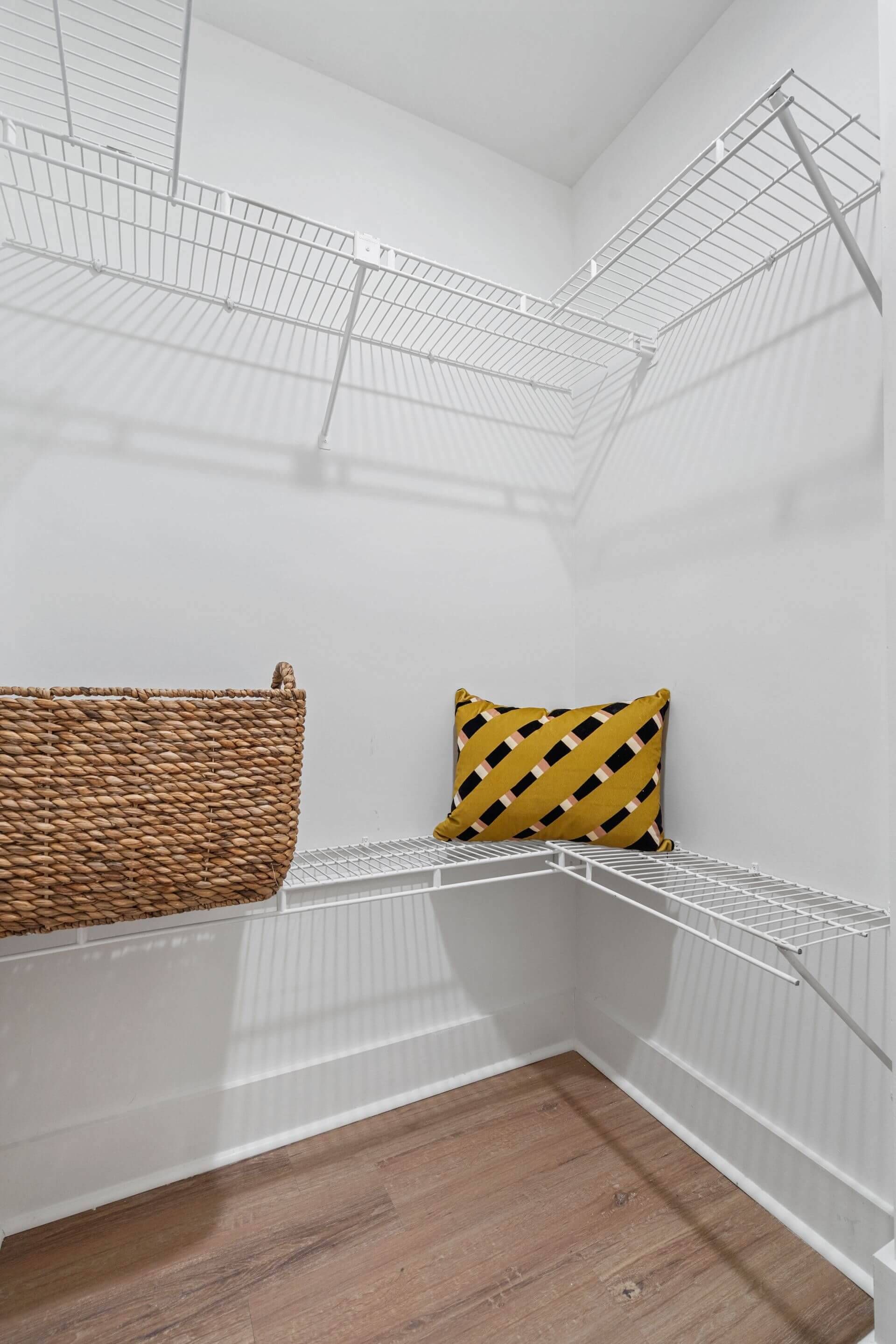 Closet space in a model home at Clairmont Crest senior living apartments in Decatur, GA.