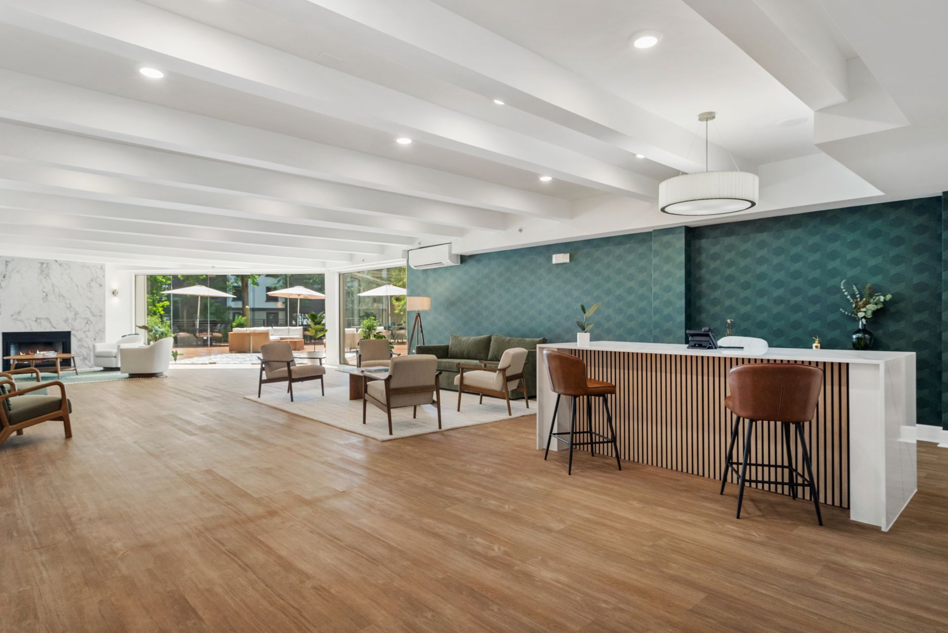 Bright and welcoming lobby at Clairmont Crest senior living apartments in Decatur, GA.